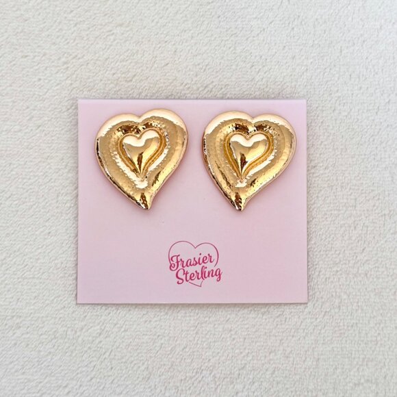 Frasier Sterling 14K Gold Plated Waterproof Statement Heart Stud Earrings - Picture 6 of 11